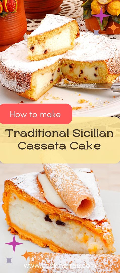 Let's go on a culinary adventure to the heart of Sicily, where we'll find the delicious Sicilian Cassata Cake. This mouthwatering dessert is a short-crust cake filled with a creamy mix of sweetened sheep's ricotta and dark chocolate drops. Cassata Cake Recipe, Chocolate Gelato Recipe, Lemon Ricotta Cake Recipes, Sicilian Cuisine, Cassata Cake, Cake Easy Recipe, Italian Desserts Easy, Chocolate Drops, Italian Recipes Dessert