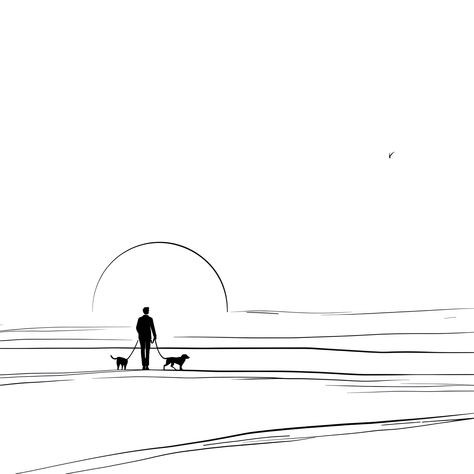 Adult walking dogs at sunset (free printable PDF black-and-white line drawing idea suitable for all, from beginners to advanced learners, including children, teens, adults, and seniors) Adult Drawing Ideas, Easy Heart Drawings, Outer Space Drawing, Adult Drawing, Easy Skull Drawings, Easy People Drawings, Walking Dogs, Summer Drawings, Night Skyline