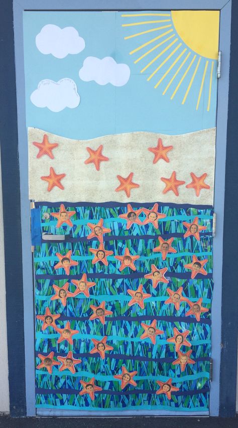 Mrs. W door, 2015 included the starfish story Starfish Door Decorations Classroom, Starfish Classroom Theme, Starfish Bulletin Board Ideas, Under The Sea Theme Preschool Decoration Classroom Door, Ocean Door Classroom, Under The Sea Teacher Appreciation Theme, Under The Sea Door Decorations, Under The Sea Door Decorations Classroom, Sea Classroom Decorations