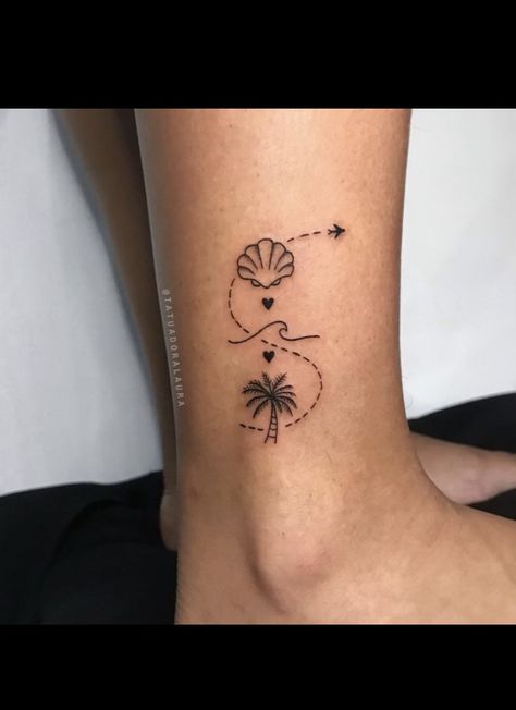 Beachy Matching Tattoos, Small Palm Tree Tattoos For Women, Side Ankle Tattoos For Women, Obx Tattoos, Beachy Tattoos For Women, Beachy Tattoos, Bestie Tattoos, Grace Tattoos, Swan Tattoo