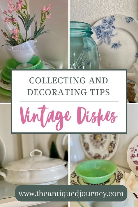 a collection of vintage dishes styled in various ways Antique Dishes Collectible, Rustic Spring Decor, Thrifted Decor, Spring Table Settings, Vintage Porch, Vintage Vignettes, Thrifted Home Decor, Inexpensive Decor, Thrift Store Decor