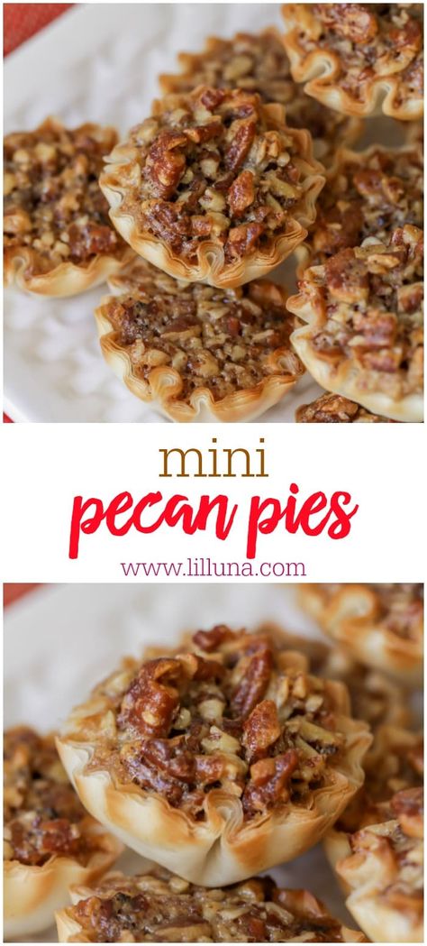 Everyone's favorite Pecan Pie baked in mini form! Sweet, bite sized, crunchy and delicious - these Mini Pecan Pies are great for holidays. #minipecanpies #pecanpies #minipies #pecanpierecipe #thanksgiving Mini Pecan Pie Recipes, Sweet Appetizers, Mini Pecan Pie, Pecan Pie Tarts, Miniature Desserts, Pecan Bites, Pecan Pie Bites, Pecan Desserts, Dessert Inspiration