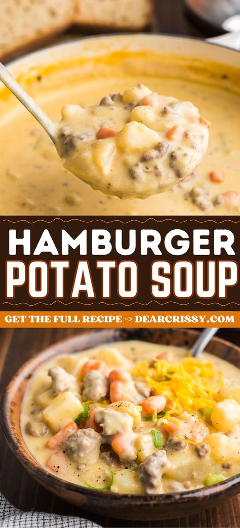 My Creamy Hamburger Potato Soup Recipe is an easy dinner idea that is made with tender potatoes, hearty ground beef, and Velveeta Cheese. This recipe is a delicious dinner for busy weeknights. Ground Beef In Soup, Hamburger Comfort Food Recipes, Subway Potato Soup Recipe, Red Potato Soup Recipes Crock Pot, Hamburg Potato Soup, Crockpot Soup Recipes Ground Beef, Creamy Potato And Hamburger Soup Recipe, Potato Soup With Hamburger Meat, Tailgate Soup