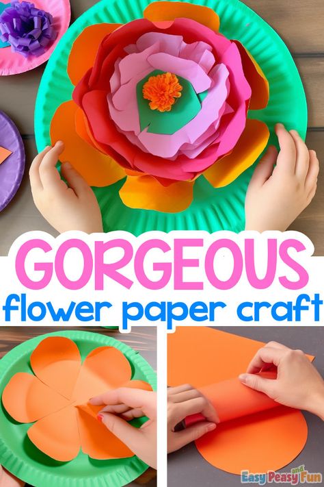 Paper Plate Flower Crafts For Kids, Paper Plate Flowers Craft, Craft From Paper Plates, Paper Plate Flowers, Paper Plate Garden Craft, Paper Plate Tulip Craft, Paper Plates Craft, Flower Suncatcher Craft Kids, Flower Crafts Preschool