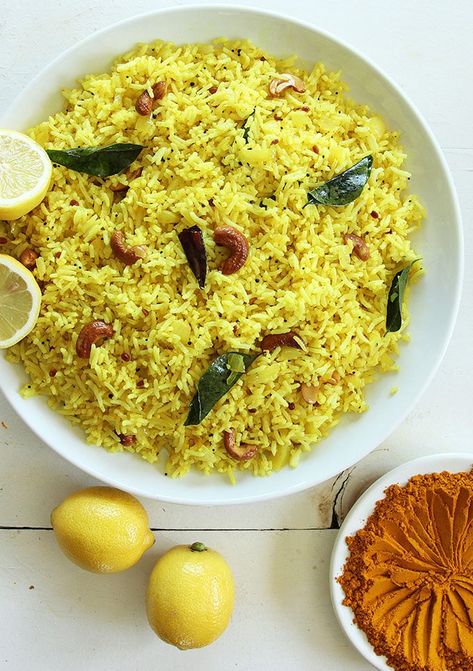 Lemon Rice With Turmeric And Cashews – Vegetarian Recipes for Mindful Cooking Rice With Cashews, Rice Turmeric, Regional Recipes, Buttered Cabbage, Indian Thali, Cultural Food, Plain Rice, Iranian Cuisine, Delicious Sides