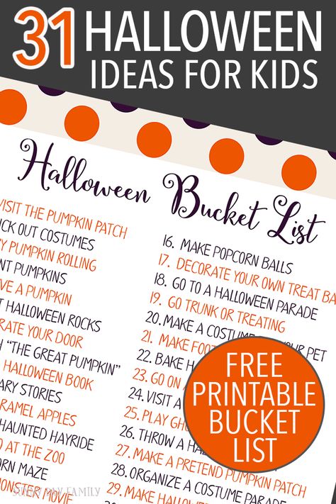 Countdown to Halloween with an activity for every day in October! Fun, easy and classic Halloween activities for kids & families. Includes a free printable Halloween bucket list! Samhain Activities, Halloween Ideas For Kids, Family Activities Preschool, Halloween Bucket List, Countdown Activities, Countdown To Halloween, Free Printable Halloween, Preschool Fall, Halloween Resources