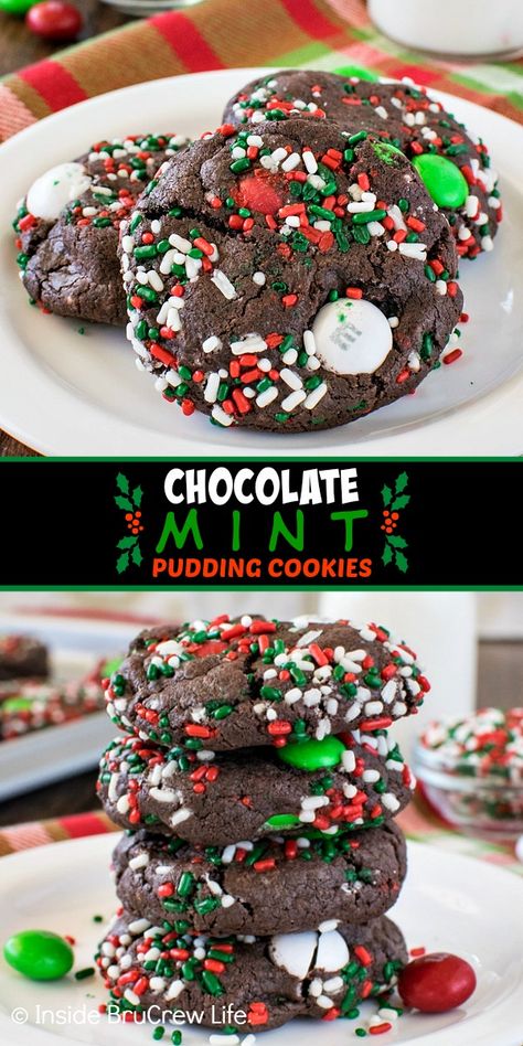 Chocolate Mint Pudding Cookies - these chocolate pudding cookies are loaded with sprinkles, candies, and mint flavor. Make this easy recipe for holiday cookie trays & parties! #cookies #chocolate #puddingcookies #mint #cookieexchange #holiday #christmas Mint Pudding, Cookies Pudding, Chocolate Pudding Cookies, Pudding Cookies Recipes, Easy Puddings, Pudding Cookies, Chocolate Cookie Recipes, Cookies Chocolate, Chocolate Mint