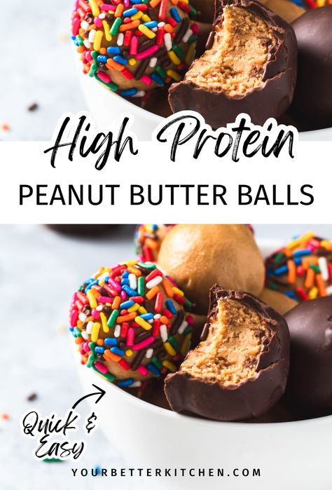 Are you looking for the most delicious high protein snacks? You have to make these delicious protein balls! Each serving is nearly 10 grams of protein, delicious, and quick and easy. Plus, with just 3 ingredients you can make them today! Protein Peanut Butter Balls, Homemade Protein Balls, Protein Peanut Butter Ball Recipes, Protein Balls Recipe, High Protein Peanut Butter, Peanut Butter Protein Balls, Protein Peanut Butter, Unflavored Protein Powder, Making Peanut Butter