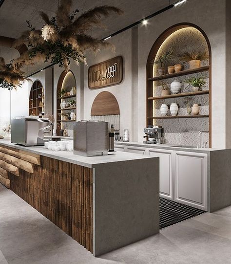 Biophilic Coffee Shop, Boho Cafe, Boho Restaurant, Restaurant Design Inspiration, Cafe Counter, Modern Restaurant Design, Modern Classic Interior, Bakery Decor, Coffee Shop Interior Design