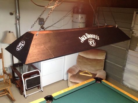 Jack Daniel's light. This is a pool table billard light made from pine and stained. Homemade lamp! Mancave Diy Pool Table Light, Diy Pool Table, Billiard Table Lights, Homemade Lamps, Homemade Pools, Diy Table Lamp, Colorful Lamp Shades, Snooker Table, Home Bar Sets