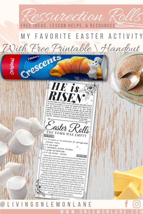 Resurrection Rolls Recipe Printable, Resurrection Rolls Lesson, Easter Party Ideas Christian, Christ Centered Easter Crafts Preschool, Resurrection Rolls With Scripture, Easter Resurrection Rolls, Easter Handouts Lds, Easter Sunday Church Activities, Resurrection Lessons For Kids