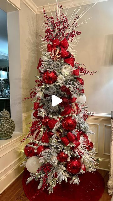 Trista Lawson on Instagram: "Red and white has been my jam this season! I have loved every minute of it! What’s your favorite theme this season?" Red White And Silver Christmas Tree Ornaments, Classic Red And White Christmas Decor, Christmas Tree Red And White Ideas, White And Red Christmas Wreath, White Christmas Tree Red Decorations, Christmas Tree Decorations Red And White, White And Red Christmas Tree Ideas, Red Silver And Gold Christmas Tree, White Christmas Tree With Red Ornaments