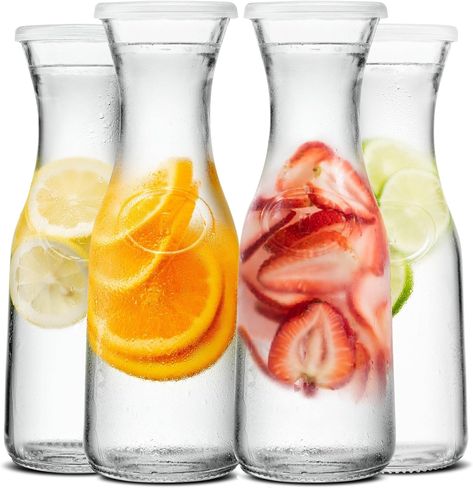 Amazon.com: KooK Glass Carafe, Mimosa Bar Supplies, Carafe Pitchers with Lid, Set of 3, Glass Water Pitcher, Drink Dispensers for Parties, Tea, Wine, and Juice, Plastic Lids, Dishwasher Safe, 35 oz : Home & Kitchen Glass Water Carafe, Pitcher Drinks, Slender Neck, Pouring Wine, Brunch Table, The Kooks, Water Carafe, Beverage Dispensers, Hourglass Silhouette