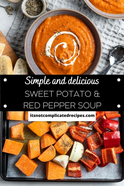 My Roasted Sweet Potato and Red Pepper Soup is so comforting to eat and full of vibrant flavours. The delicious vegetables are seasoned and roasted to perfection then blended with vegetable stock, producing a smooth, comforting bowl of soup that is both vegan and gluten-free. Roasted Red Pepper Sweet Potato Soup, Fall Comfort Soups, Red Pepper Sweet Potato Soup, Sweet Potato And Pepper Soup, Sweet Potato Red Pepper Soup, Red And Orange Pepper Recipes, Oven Roasted Soup, Roasted Red Pepper Recipes Dinners, Roasted Peppers Soup