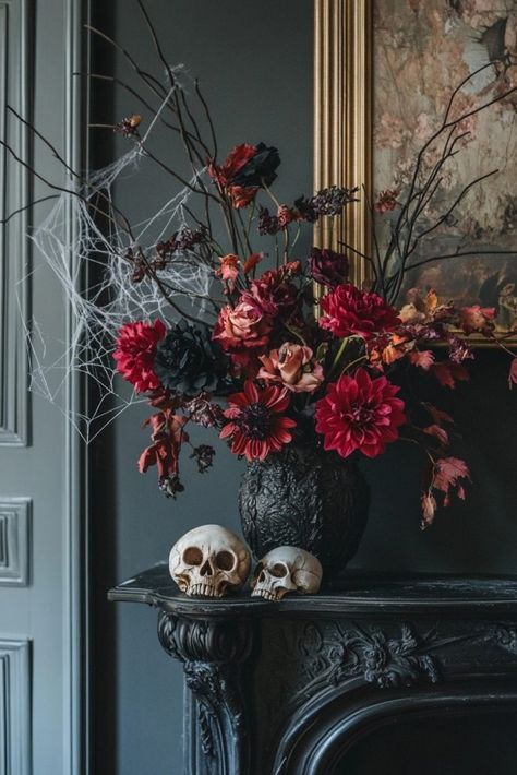 Black White And Red Halloween Decor, Diy Spooky Wreath, Vintage Style Halloween Decor, Floral Garland For Mantle, Gothic Mantle, Vintage Halloween Mantle Decor, Halloween Floral Decor, Floral Halloween Decor, Halloween Mantle Decor Ideas