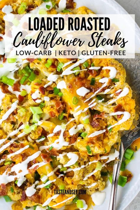 These Loaded Roasted Cauliflower Steaks are out-of-this-world delicious! They're like a loaded baked potato without all the carbs! Thick slices of roasted cauliflower topped with cheese, bacon, green onion, and sour cream. A hearty and satisfying low-carb and gluten-free recipe. Loaded Roasted Cauliflower, Keto Cauliflower Steak Recipes, Baked Sliced Cauliflower Recipes, Keto Cauliflower Hashbrowns, Cheese Cauliflower Steak, Healthy Cauliflower Steaks, Cauliflower Slices Roasted, Cauliflower Steak Meal Ideas, Loaded Cauliflower Steaks