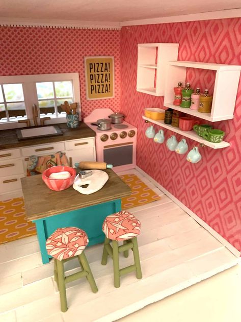 dollhouse colorful kitchen pink stove wall shelves How To Make Doll House Furniture Diy, Diy Doll House Interior Ideas, Barbie Dollhouse Makeover Diy, Homemade Dolls House, Diy Doll House Furniture Easy Wood, Build A Dollhouse Diy, Diy Minatures House, Michaels Dollhouse Diy, Dolls House Upcycle