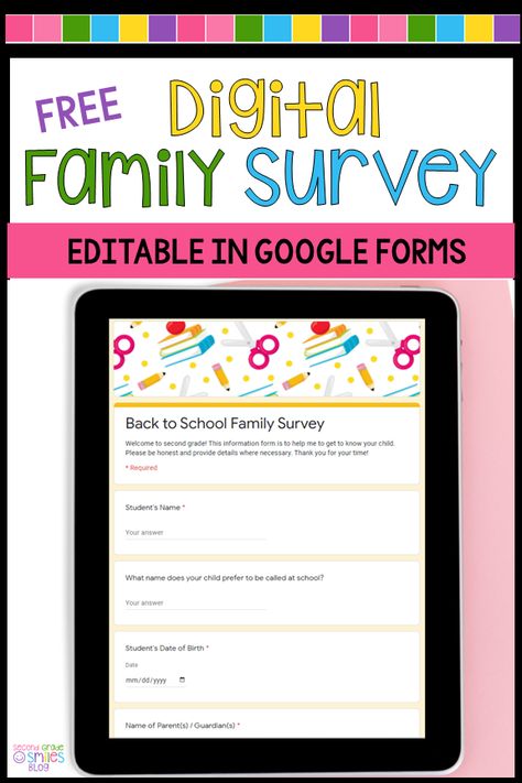 Sending home family surveys can be a simple way for teacher to gather information about students from their families and continue building relationships. Prefer to put your survey out through email or have parents complete it on a tablet at your open house? Find a free digital back to school survey in Google Forms here! Building Relationships With Students, Build Relationships With Students, School Relationship, Student Interest Survey, Parent Survey, Kindergarten Parent, All About Me Activities, About Me Activities, Teaching Second Grade