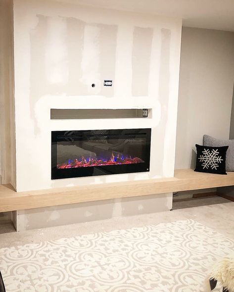 Tv Wall Design Fake Fireplace, Fireplace Tv Wall With Seating, Linear Fireplace With Floating Hearth, Living Room Wall Decor Ideas With Tv Fire Places, Tv Wall With Seating, Fireplace Cottage Style, Elongated Fireplace, Fireplace With Seating Ledge, Basement Fireplace With Tv