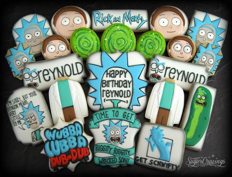 Rick and Morty for Reynold's birthday! Rick And Morty Birthday, Rick And Morty Birthday Party Ideas, Best Disneyland Food, Cartoon Cookie, Diy Anniversary, Rick Y Morty, Funny Birthday Cakes, Pretty Cookies, Rick And Morty