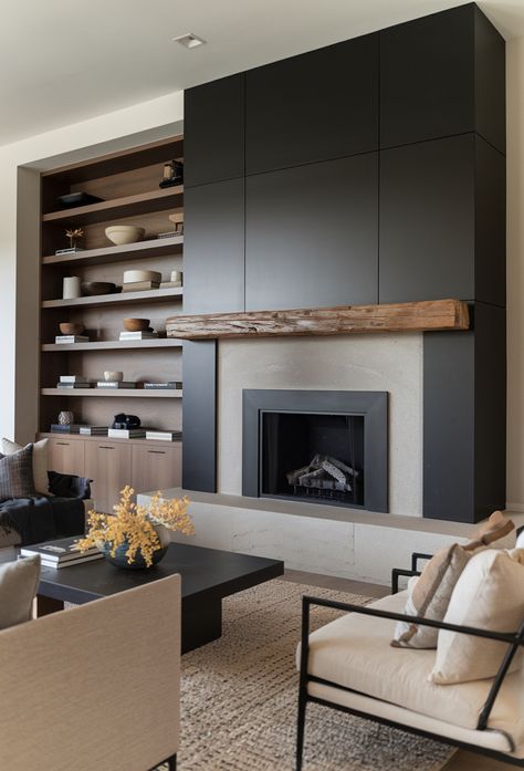 Beautiful Fireplace Built-Ins: 18+ Ideas That Inspire Built In Tv Fireplace Wall, Modern Built Ins Living Room, Plaster Fireplace Ideas, Black Built Ins, Modern Fireplace Wall Living Room, Fireplace With Built Ins, Built In Ideas, Black Fireplace Wall, Modern Fireplace Ideas