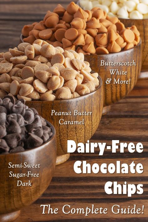 The Complete Guide to Dairy-Free Chocolate Chips - semisweet, bittersweet, butterscotch, white chocolate, minis, chunks and more! Ingredients, cross-contamination warnings, etc. Vegan, gluten-free + soy-free options. Dairy Free Cooking, Dairy Free Treats, Dairy Free Chocolate Chips, Butterscotch Chips, Allergy Free Recipes, Dairy Free Dessert, Dairy Free Chocolate, Gluten Free Snacks, Sugar Free Chocolate