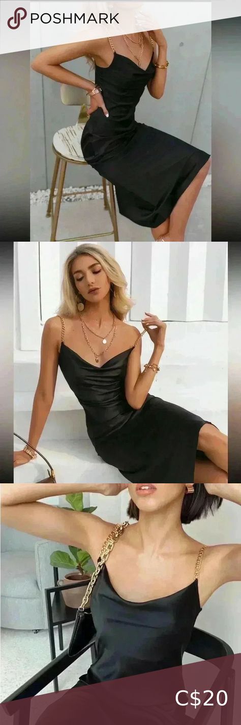 Black  slip dress  Dress With Gold Chain, Black Slip Dress, Black Slip Ons, Cute Black, Midi Length, Gold Chain, Dress Shop, Slip Dress, Dress Es