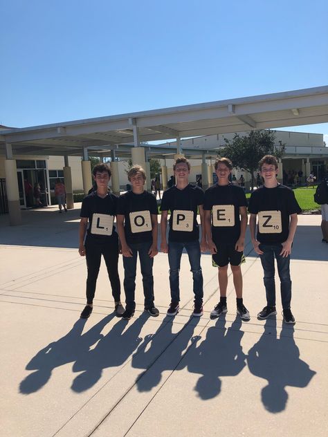 Homecoming Spirit Week -   Scrabble Group Costume idea.  Very Easy Scrabble Day Spirit Week, Group Day Spirit Week, Adult Family Poses, Work Costumes, Homecoming Spirit Week, Spirit Day, Homecoming Spirit, Team Costumes, Family Poses