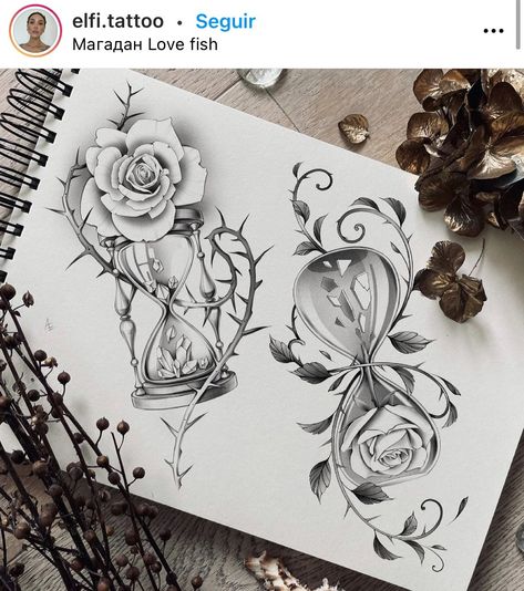 Hourglass Rose Tattoo, Hourglass Drawing, Pencil Art Love, Black And White Flower Tattoo, Chest Tattoo Stencils, Ink Link, Hourglass Tattoo, Framed Tattoo