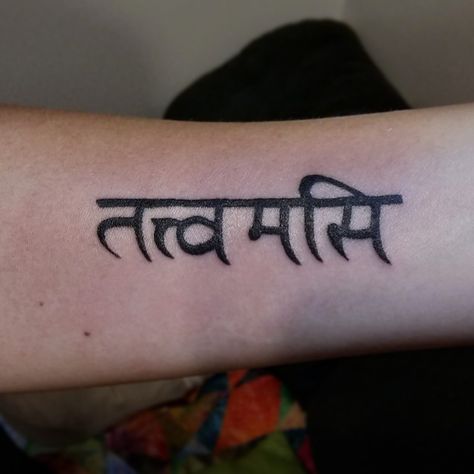 A Sanskrit mantra (Tat Tvam Asi) on the right forearm of the client. Poked with 3RL and 7RS needles. | By Jay Deszeld | Done at Tattoos For Humans | Jul 23rd 2018 | 613860 Tat Tvam Asi, Sanskrit Tattoo, Sanskrit Mantra, Work Tattoo, Hand Poke, Mens Braids, Mens Braids Hairstyles, Dot Work Tattoo, Writing Words