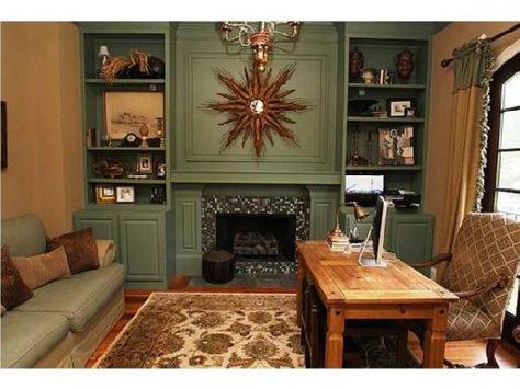 jamison: Painted green built ins with star burst mirror above fireplace. Painting Above Fireplace, Green Built Ins, Painted Fireplace Mantels, Mirror Above Fireplace, Painted Fireplace, Above Fireplace, Decorating Rooms, Fireplace Redo, Paint Fireplace