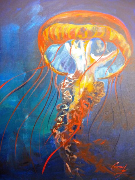 Painting Ideas Jellyfish, Painting Jellyfish, Orange Jellyfish, Octopus Painting, Art Sherpa, Jellyfish Painting, Jellyfish Art, Whimsical Paintings, Beach Watercolor