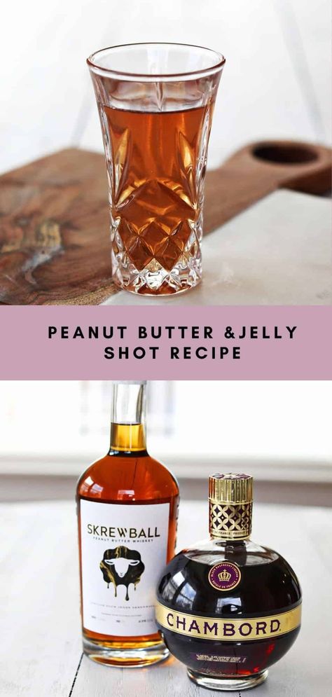 Peanut Butter and Jelly Shot - A Beautiful Mess Mini Beer Shots, Chocolate Cake Shot, Peanut Butter Jelly Recipes, Chambord Liqueur, Orange Julius Recipe, Cake Shots, Jelly Shots, Irish Cream Liqueur, Raspberry Liqueur