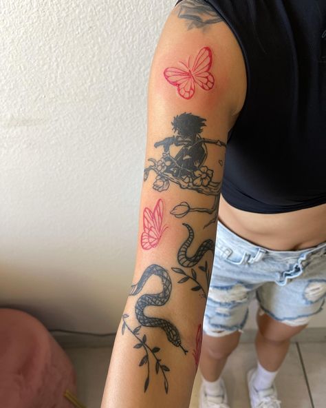 Tattoo Ideas With Deep Meaning, Red Ink Butterfly Tattoo, Red Arm Tattoo, Red Ink Butterfly, Black Red Tattoo, Dragon Hand Tattoo, Red Butterfly Tattoo, Butterfly Sleeve Tattoo, Ink Butterfly