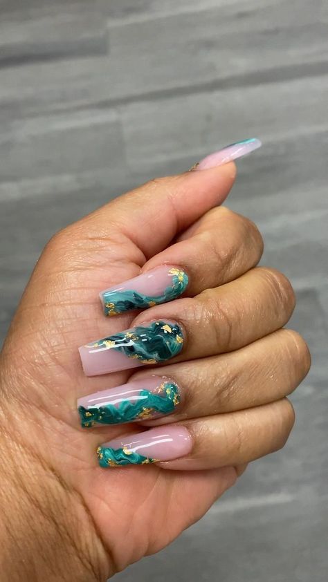 Nail Designs March, March Nail Designs, Green Marble Nails, Teal Acrylic Nails, Emerald Nails, March Nails, Gold Acrylic Nails, Aqua Nails, Green Acrylic Nails