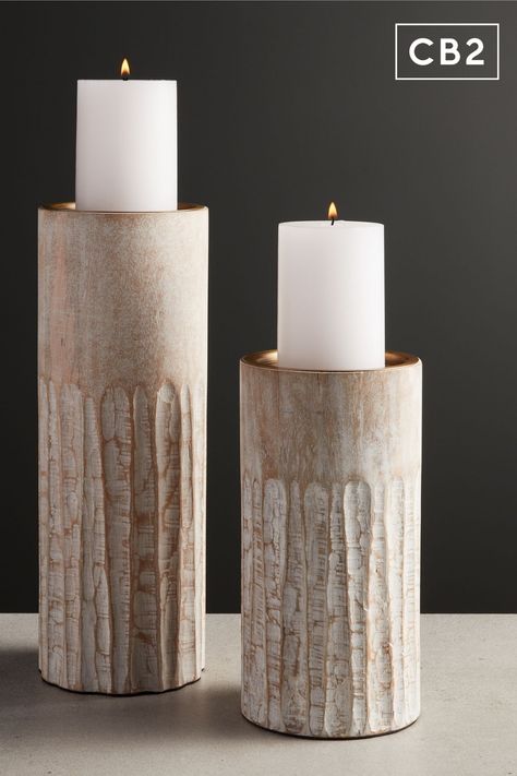 White-washed columns of mango wood are hand-carved, each with its own version of a fluted design. Metallic gold inset sits at the very top for a polished finish and to reflect a warm glow. Small dimensions: 5" dia. x 10"H Marble Objects, Lotus Flower Candle Holder, Lotus Flower Candle, Candles Homemade, Wood Pillar Candle Holders, Modern Home Accessories, Black Taper Candles, Marble Candle Holder, White Pillar Candles