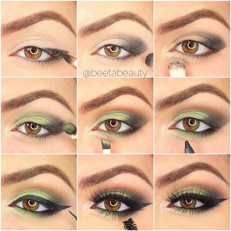 Eyeshadow step by step Green Eye Makeup, Eyeshadow Step By Step, Make Up Designs, Green Smokey Eye, Makeup Case Organization, Flot Makeup, Eye Makeup Steps, Beauty Make-up, Green Makeup