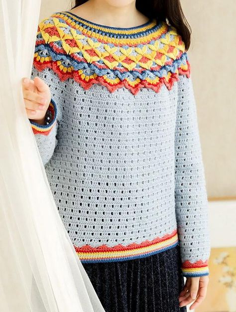 crochet pullover with a gorgeous round yoke 2024 Crochet, Crochet Pullover, Crochet Yoke, Icelandic Sweaters, Crochet T Shirts, Crochet Sweaters, Crochet Circles, Crochet Buttons, Crochet Clothing