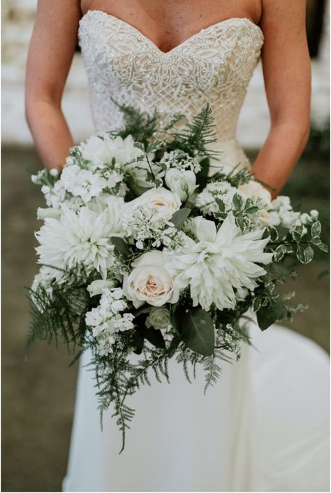 Plumosa Fern Wedding, Plumosa Fern, Fern Wedding, Garden Rose, Wedding Stuff, Dahlia, Bridal Bouquet, Fern, Strapless Wedding Dress