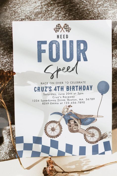 Need Four Speed Dirt Bike Boy 4th Birthday Party Invitation Ready Four Take Off Birthday Party, Boy Birthday Party Themes 4th, 4th Birthday Theme, Boy 4th Birthday, Need Four Speed, Dirt Bike Birthday Party, Bike Boy, Bike Birthday Parties, Dirt Bike Party