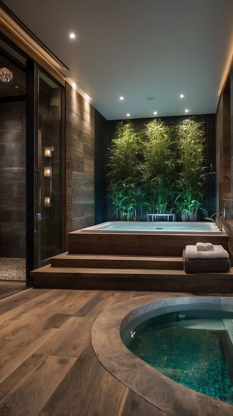 Home Spa Retreat Designs for Ultimate Comfort and Peace Home Hot Tub Ideas, 2 Headed Shower Ideas, Jaccuzi Room Ideas, Spa Feature Wall Ideas, Spa Steam Room Design, Luxury Home Wellness Room, 2 Person Jacuzzi Tub, Modern Spa Like Bathroom, Spa Like Home Gym