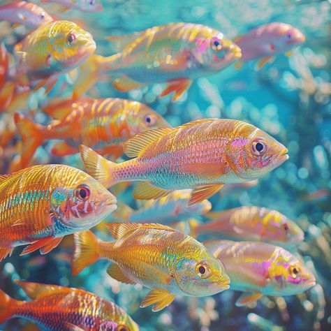 "Colorful Fish Swarm: A vibrant school of yellow and orange #marine life swimming together in a crystal clear #oceanwater. #sealife #vividcolors #underwaterworld #aesthetic #videoart #cgiphoto #digitaldownload ⬇️ Download and 📝 Prompt 👉 https://stockcake.com/i/colorful-fish-swarm_1018755_938035" Tropical Fish Aesthetic, Sea Life Reference Photos, Marine Life Aesthetic, Fish Core, Fish In Ocean, Schooling Fish, Schools Of Fish, Fish Aesthetic, Colourful Fish