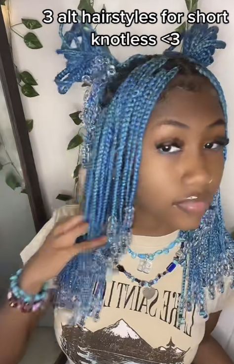 Short Blue Braids, Colorful Box Braids With Beads, Colorful Braids With Beads, Emo Box Braids Hairstyles, Box Braids With Blue Beads, Short Braids With Beads With Color, Colored Box Braids With Beads, Color Braids With Beads, Peekaboo Box Braids With Beads