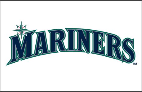 Seattle Mariners Jersey Logo (2015) - Mariners in blue, silver, and teal on white. Trim colour changed from version used 1993-2014. Worn on Seattle Mariners home jersey starting in 2015 Seattle Mariners Logo, Mariners Logo, Jersey Font, White Uniform, Mariners Baseball, Mlb Team Logos, Vintage Logos, Logo Samples, Baseball Jersey Men