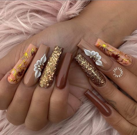 Brown Acrylic Nails, Fall Nail Art Designs, Cute Nails For Fall, Nails Design With Rhinestones, Fall Acrylic Nails, Long Acrylic Nails Coffin, Thanksgiving Nails, Long Square Acrylic Nails, Acrylic Nails Coffin Short