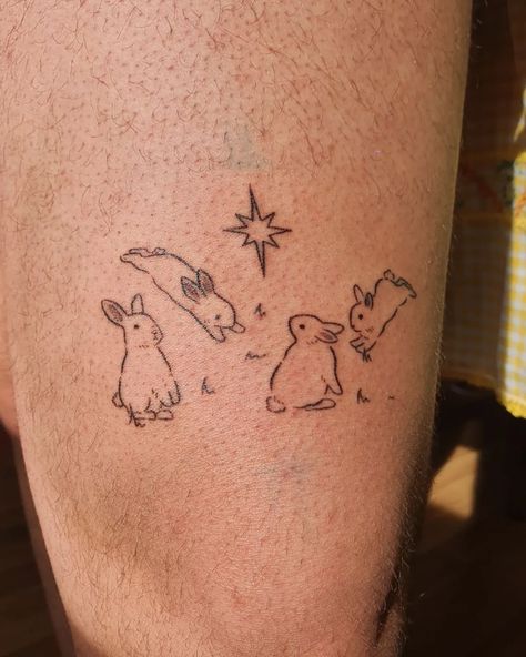 Bunny And Stars Tattoo, Bunny Sleeve Tattoo, Matching Rabbit Tattoos, Bunny Heart Tattoo, Three Rabbits Tattoo, Bunny Matching Tattoo, Bunny With Angel Wings Tattoo, 2 Bunnies Tattoo, Bunny Knee Tattoo