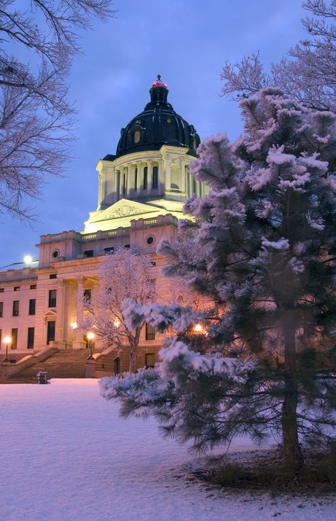 South Dakota - State capitol building in the state capital of Pierre. SD became the 40th state to join the Union on November 2, 1889. Pierre South Dakota, Snowy Evening, South Dakota State, State Capital, State Capitals, Capitol Building, November 2, U.s. States, Winter Photography