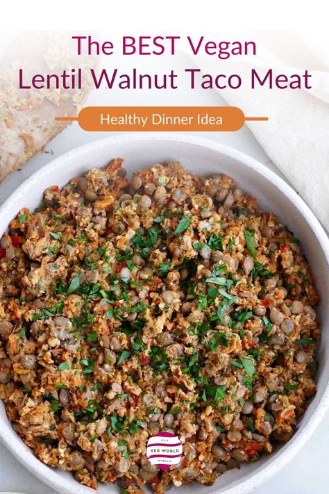 Try this flavorful lentil walnut taco “meat” for your next taco night! Packed with veggies, smashed lentils, and finely chopped walnuts, this plant-based recipe is quick to make and perfect for meal prep or freezing for future dinners. Walnut Taco Meat, Vegan Tacos Meat, Lentil Tacos, Vegan Lentil, Healthy Weeknight Meals, Vegan Tacos, Taco Night, Taco Meat, Cooking For Two