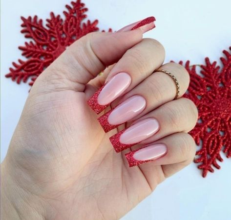 Red Sparkly Nails, Glitter French Nails, Nail 2023, Horror Nails, Red Nails Glitter, Red Christmas Nails, Long Acrylic Nail Designs, Diamond Top, Glow Nails