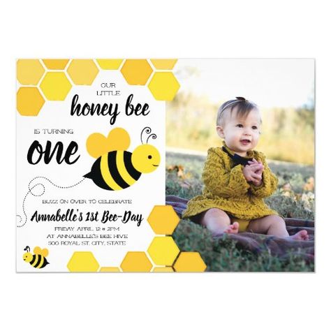 Sweet As Can Bee Birthday Invitation | Zazzle.com Bee Themed Birthday, Bee Themed Birthday Party, Bee Birthday Party, First Birthday Photo, 1st Birthday Party Invitations, Photo Birthday Invitations, Bee Party, Bee Birthday, First Birthday Photos